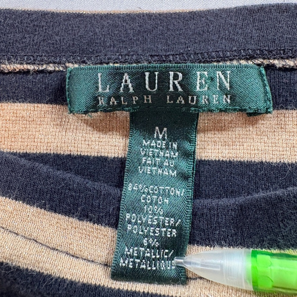 Lauren Ralph Lauren Striped Metallic Top Women Medium Black Gold Boat Neck Shirt - Picture 3 of 7